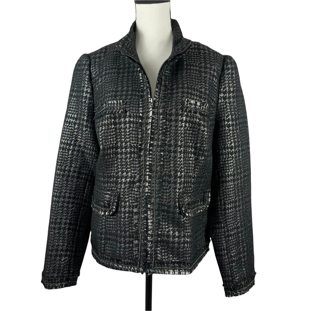 Apart Black & Sparkly Silver Tweed Fringe Zip Front Chain Detail Jacket - 12 NWT